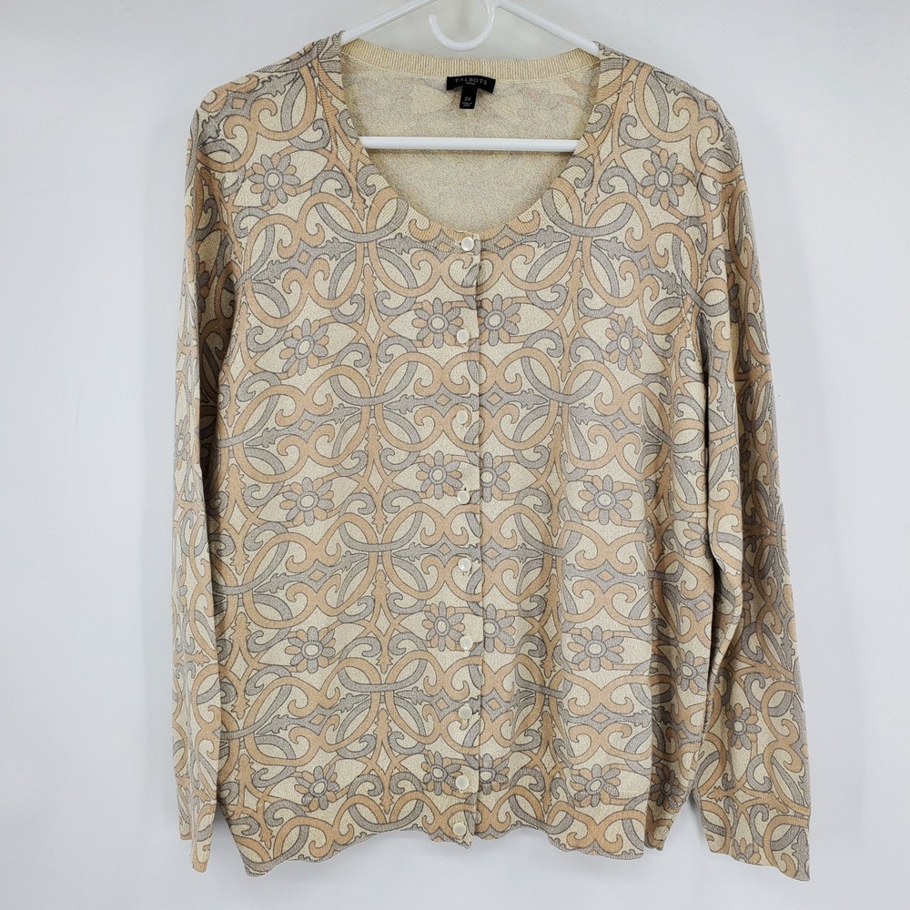Talbots Woman 2X Cardigan Sweater Beige Gold Metallic Floral Damask Knit Button